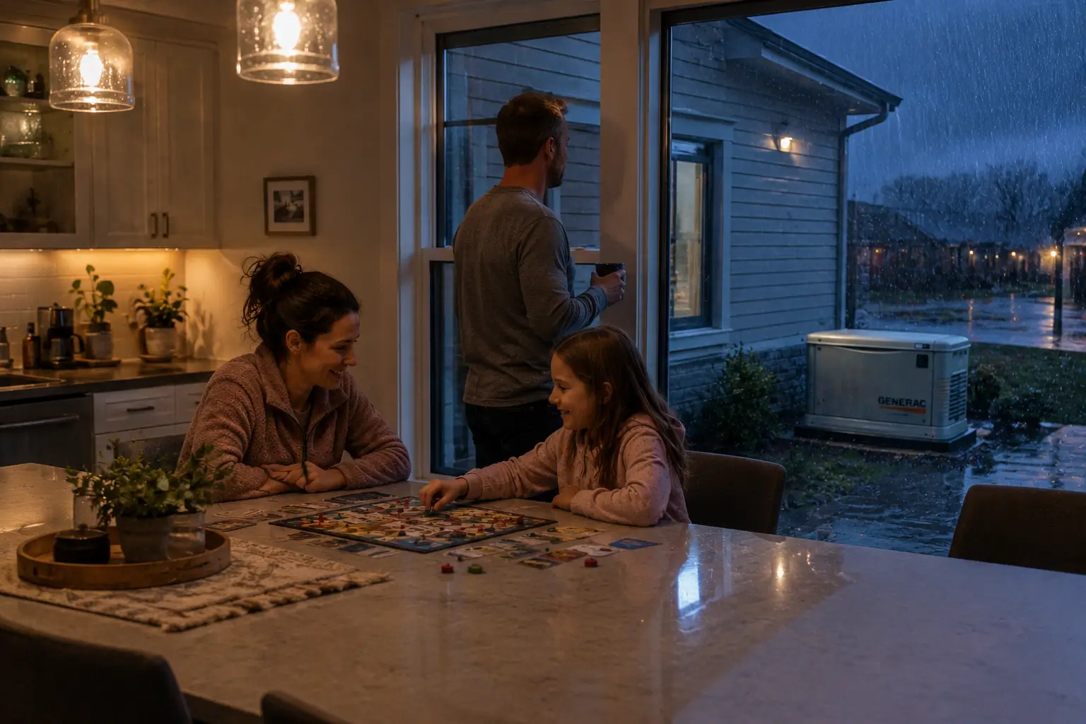 Family enjoying a warm evening at home while a standby generator provides backup power during an outage.